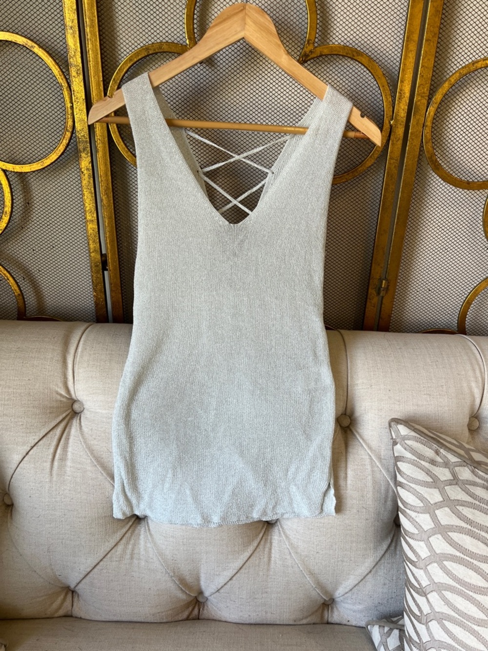Molly Bracken Light Gray Knit V-Neck Tank with Crisscross Back